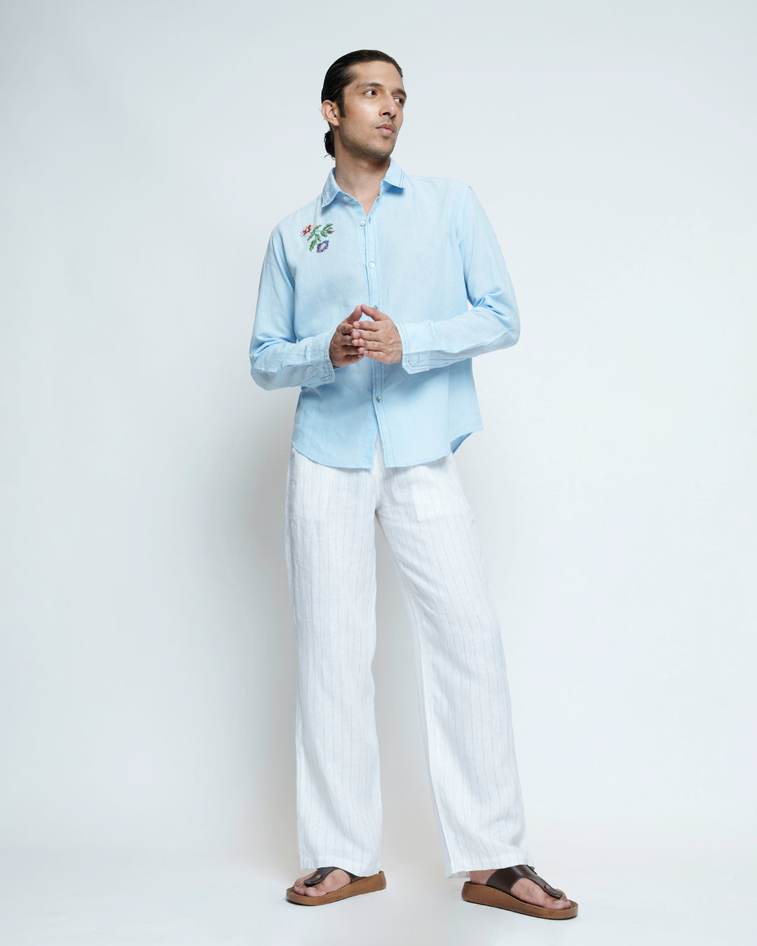 Classic Blue Cotton Linen Embroidered Shirt