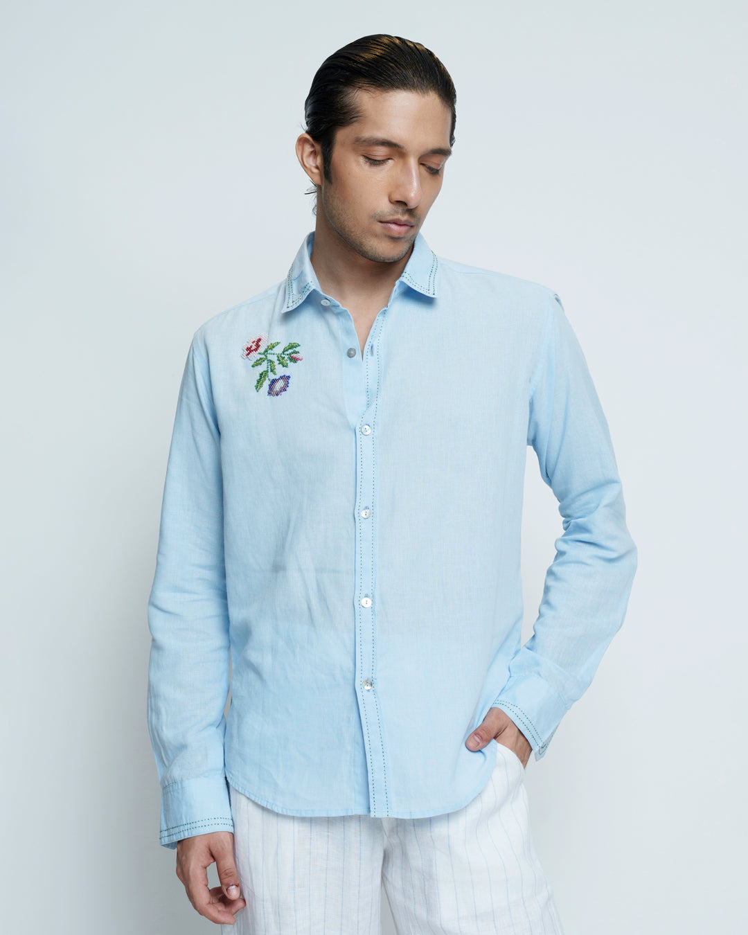 Classic Blue Cotton Linen Embroidered Shirt