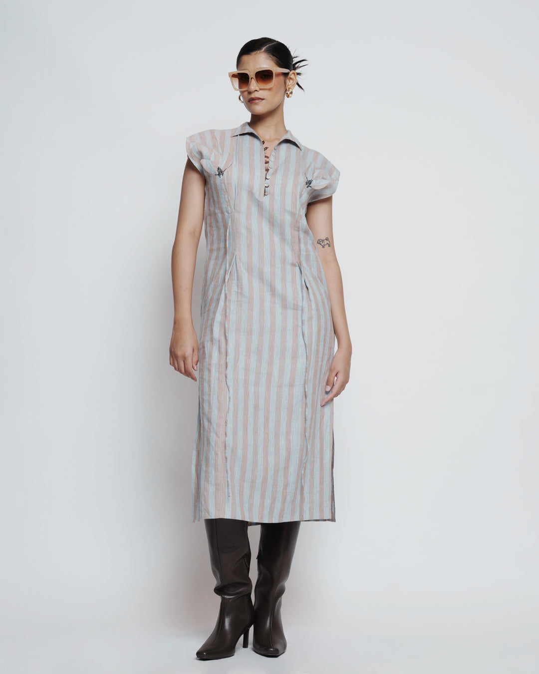striped linen button down midi dress