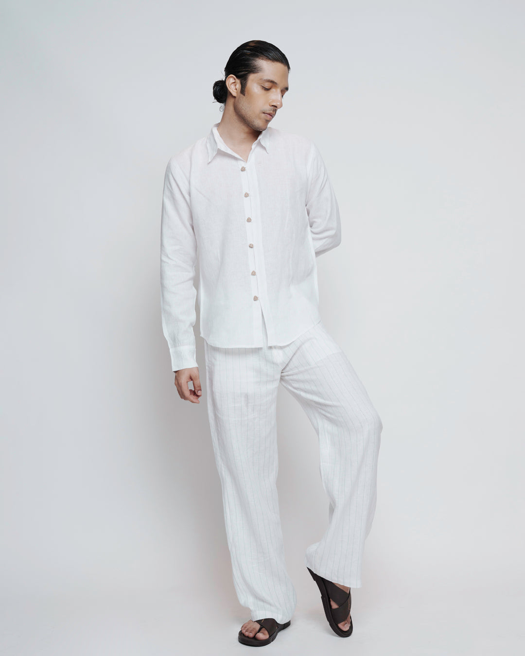 White Linen Coconut Shell Button Shirt