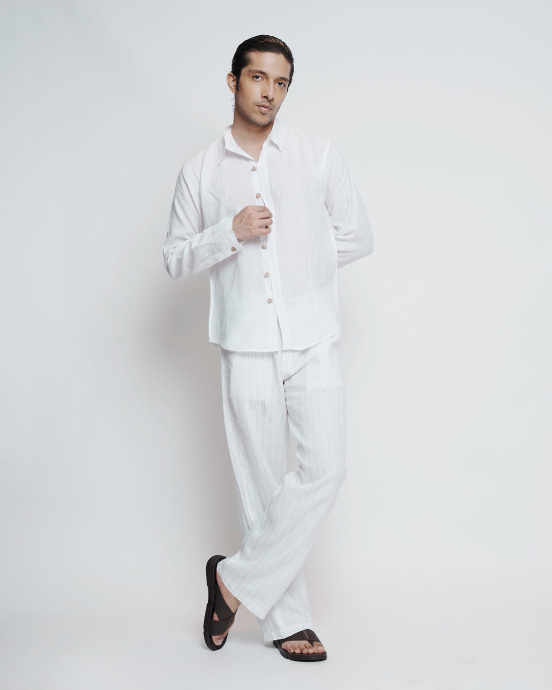 White Linen Coconut Shell Button Shirt